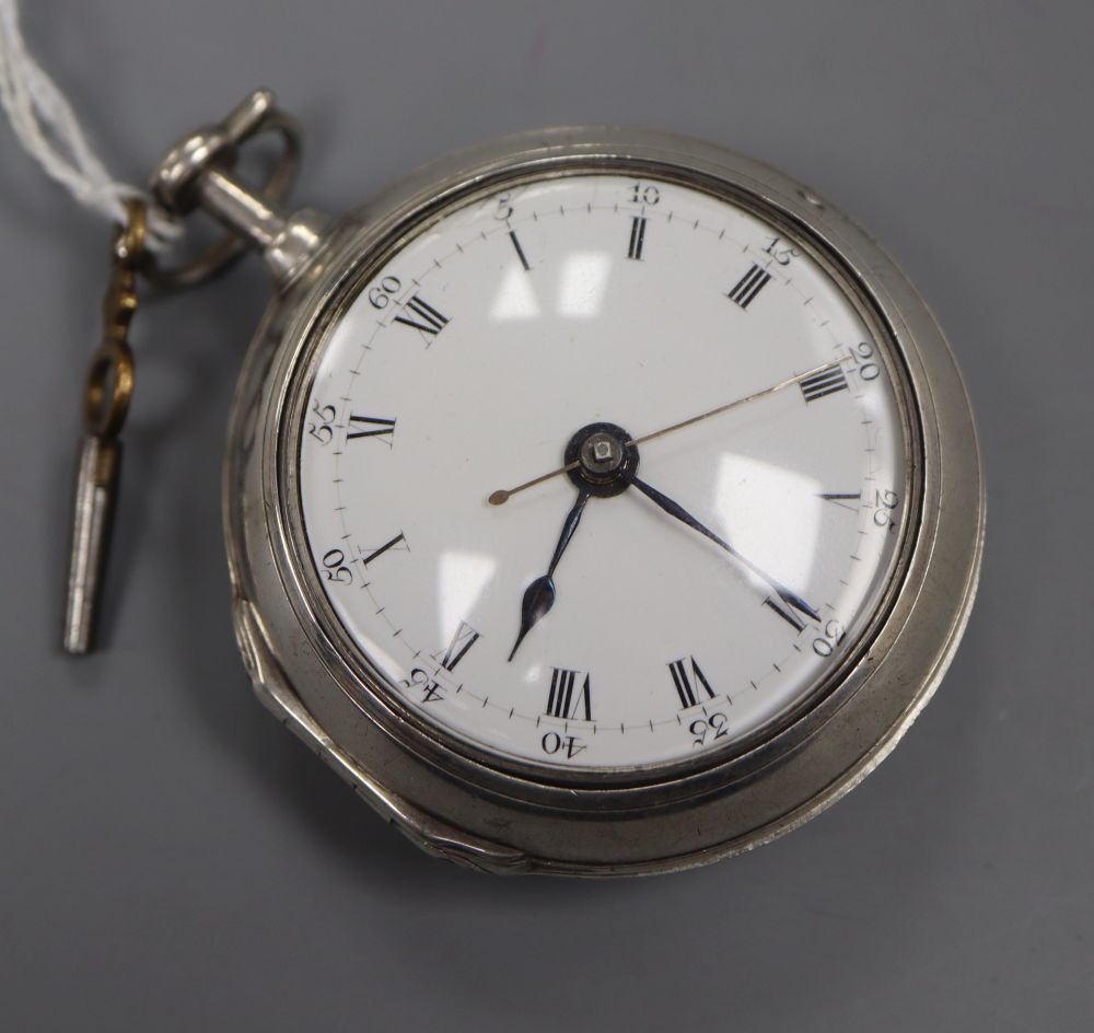 A George III silver pair cased keywind cylinder pocket watch by James Robertson, London, with Roman dial, the signed movement numbered